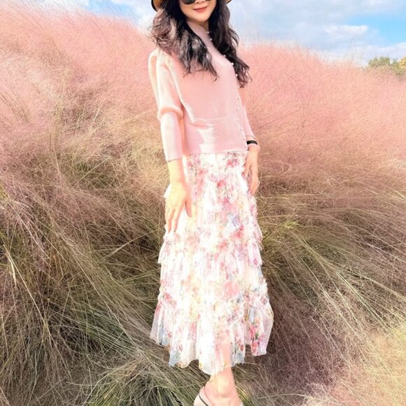 Romantic Floral Print Layered Tulle Skirt - Picture 3 of 11